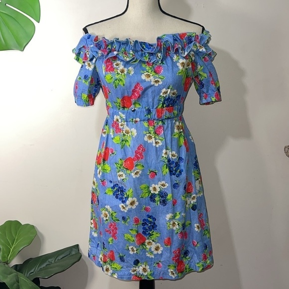Love Moschino Picnic Print (Fruit & Floral) Cotton Off the Shoulder Dress Sz 2 - Picture 10 of 16